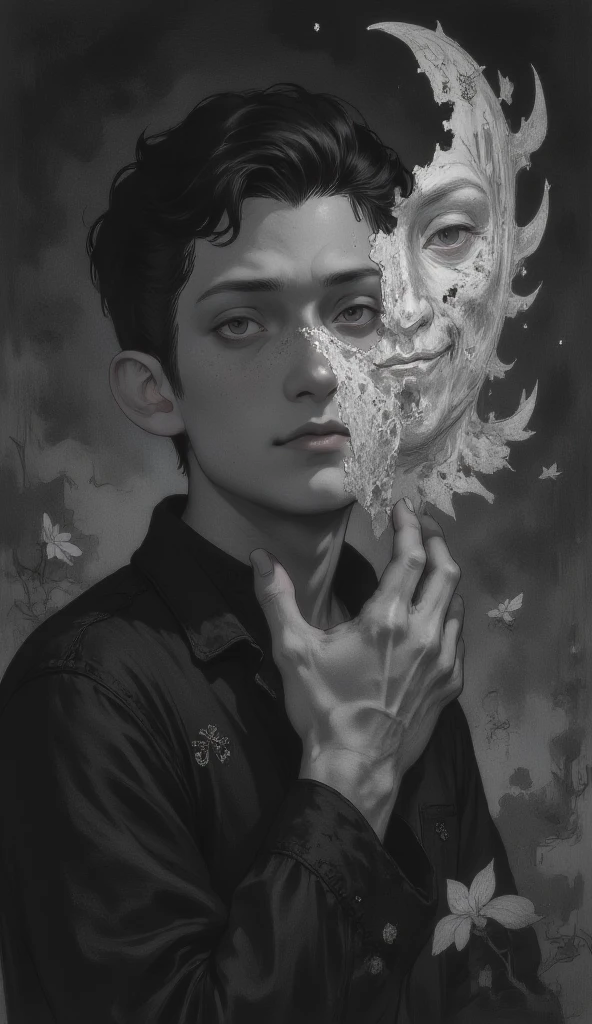 A dead boy with cloths on lying on garden half rotten body but his eyes are as it is and looking at his lovers photo and crow eating his body