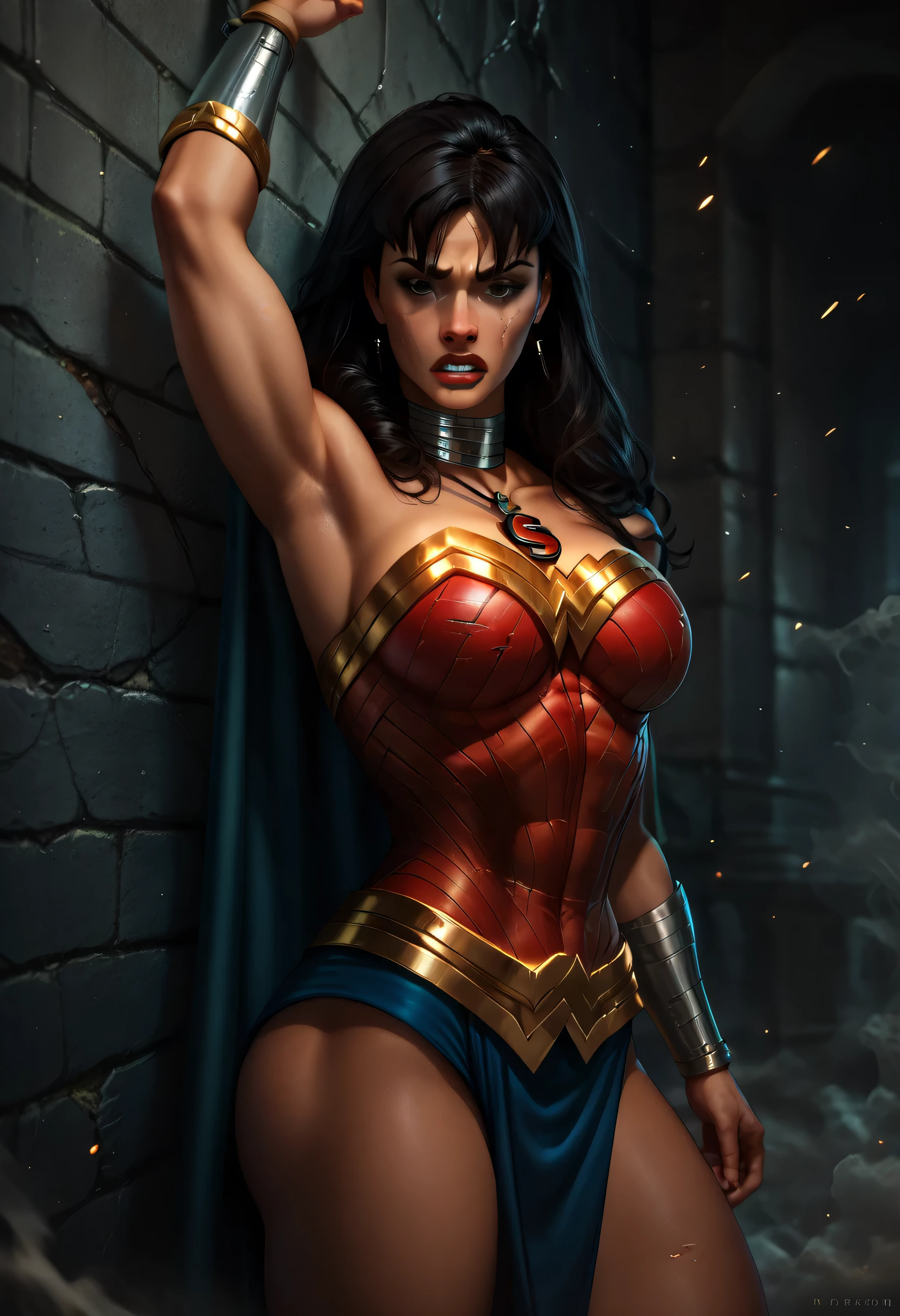 ((WONDER WOMAN in a stone prison cell)), ((Emotional expression,expression of pain and despair, gritando de dor, Expression of suffering, olhos arregalados)), (Mulher Maravilha usando sapatilhas de Ballet, on tiptoe), ((WONDER WOMAN SUPERHEROINE wearing Voltus face harness)), (She's crying), ((ela tem cabelo preto, ela tem cabelo longo)), ((She wears a thick metal necklace around her neck...)), (obra-prima, melhor qualidade) 1.5, 1 garota, sozinho, (sexy, mulher bonita, rosto perfeito, olhos perfeitos), corpo inteiro. ((She's wearing high-waisted starry panties)), ((She is standing, tears running down your face)), ((Shibari)), ((rope bondage)), ((arms behind the back)), ((Totalmente amarrado)), ((Fortemente contido com cordas)), (((Emotional expression,expression of pain and despair, gritando de dor, Expression of suffering, olhos arregalados, expression of fear))), ((full body view))
