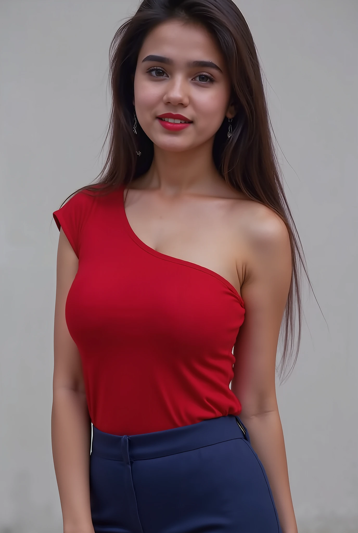 18 year old Indian Beautiful Girl, Petite, Small Looking, Looks like baby, Offshoulder Red Sleeveless Top, Blue Bottom, Beautiful eyes, Make up, Office Attire, Beautiful Girl, Petite, Small, Beauti Enhancing make up,