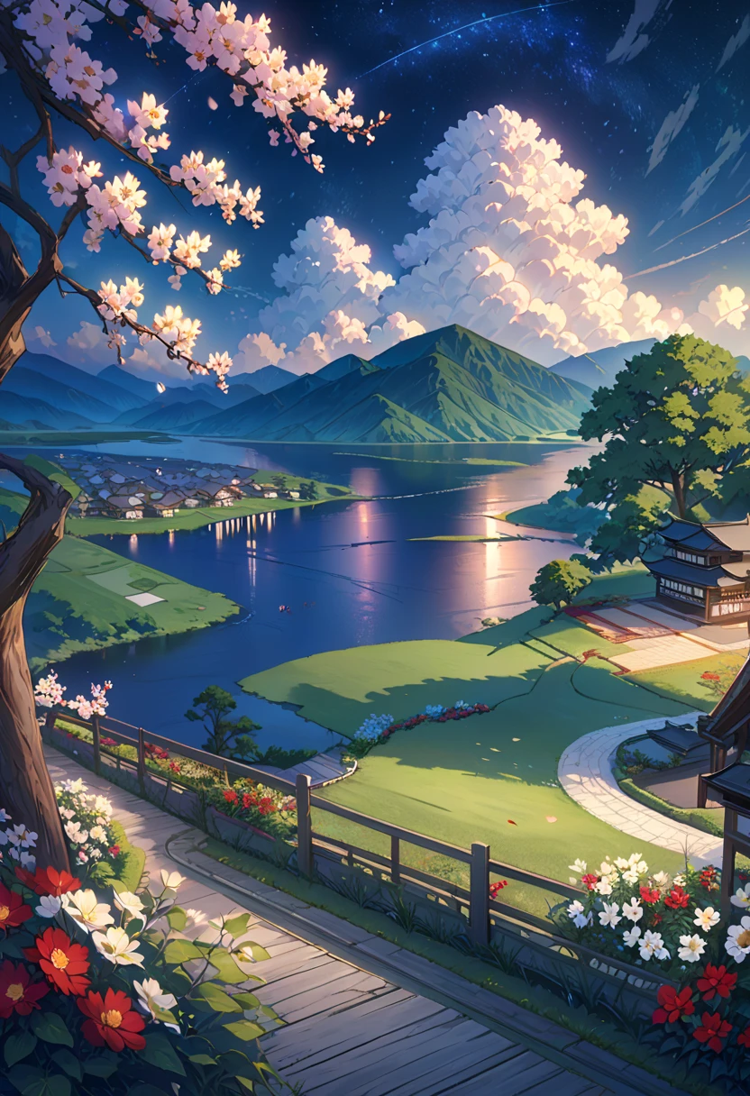 (magical pretty night null green stream overlay scene), (null), (cloud), soft writing,  beautiful background, beautiful scenery, masterpiece, High Quality, beautiful graphics, High detail, Shandana Scenery, garden, flower, cloud, (night starry null, River behind, Huge old tree in the background, 背後に落ちるピンクの光るflowerびら)