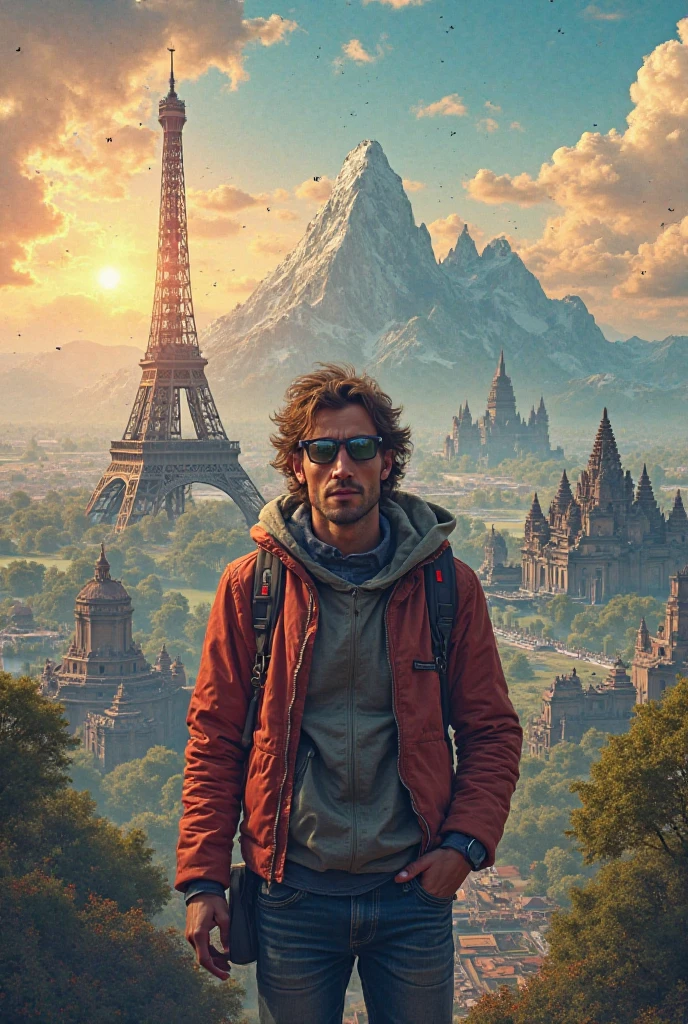 Create a cover picture for my Travel YouTube channel Views of all the famous places in the world