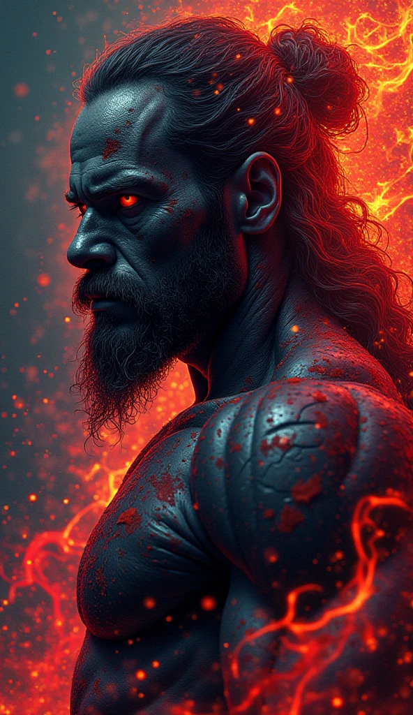 a genie emerging from his magic lamp with a pointy, long beard, very dark hair , with a slightly evil look and a smile, arms crossed and his hues are reddish orange and red