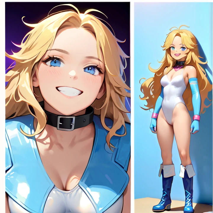(masterpiece), (best quality), (hires), highly detailed, 1girl, age 16, (bangs, blonde hair, hair down), ((black headband)), blue eyes, beautiful detailed eyes, beautiful detailed face, cute face, (perfect hands, complete fingers, perfect anatomy, perfect proportions), ((leotard, dark blue leotard, sleeveless)), bare legs, ((boots, yellow boots, yellow footwear, knee boots, high heels)), breasts, medium breasts, covered navel, ((blue gloves, fingerless gloves)), ((yellow bracelets)), ((pink heart logo on chest)). looking at viewer, smile, standing, standing straight, solo, solo focus. Simple background, Multiple Views, Character Sheet Full-Length.