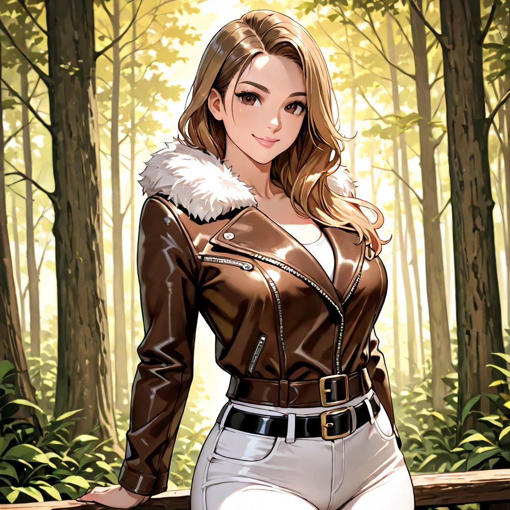 Dark Blonde Hair, Shiny Hair, Hair Over Shoulder, Brown Eyes, Lips, Smile, Solo, Brown Leather Jacket, Fur Collar, Black Belt, White Pants, Looking at viewer, Bust, Close, Curvy, Forest