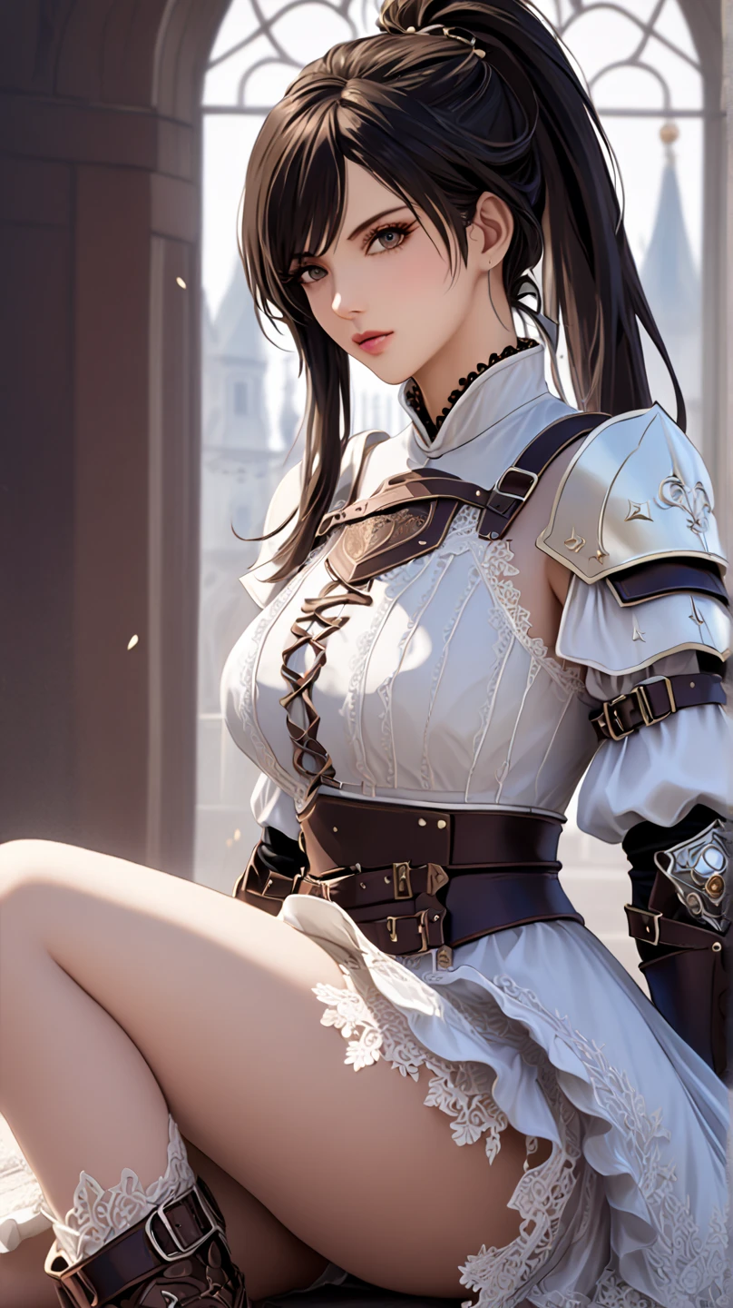 samurai girl, oriental, korean, dark black hair,(Straight hair or ponytail), k pop idol, Detailed, 1 girl, beautiful, ((Thin laughter)), 8k, artwork, Hyper realistic, wallpapers, ((Ultra mini skirt)), samurai armor, (Standing), rise, open legs, Pantie, panties appearing, ((white pantie)), up skirt, cameltoe, thong, pantyshot, (((Light blue lighting))), ((showing panties)), ((( Open leg scene do-zoomed in)))