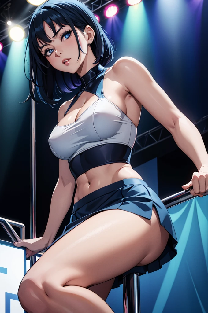 (1girl, solo, alone), (WakatsukiRisa, Sarada Uchiha, short hair, black hair black eyes, red glasses), ((solo, (1woman, pink lipstick, (small breasts)), Extremely detailed, ambient soft lighting, 4k, perfect eyes, a perfect face, perfect lighting, a 1girl)), (((nurse cap, revealing clothes, shrug (clothing), short sleeves, (layered bikini:1.3), purple bikini, green bikini, green gloves, elbow gloves, pink belt, black skirt, microskirt, green thighhighs, garter straps, (sexy convention:1.5), (inside, auditorium, convention background), high ceiling, crowded))), sexy