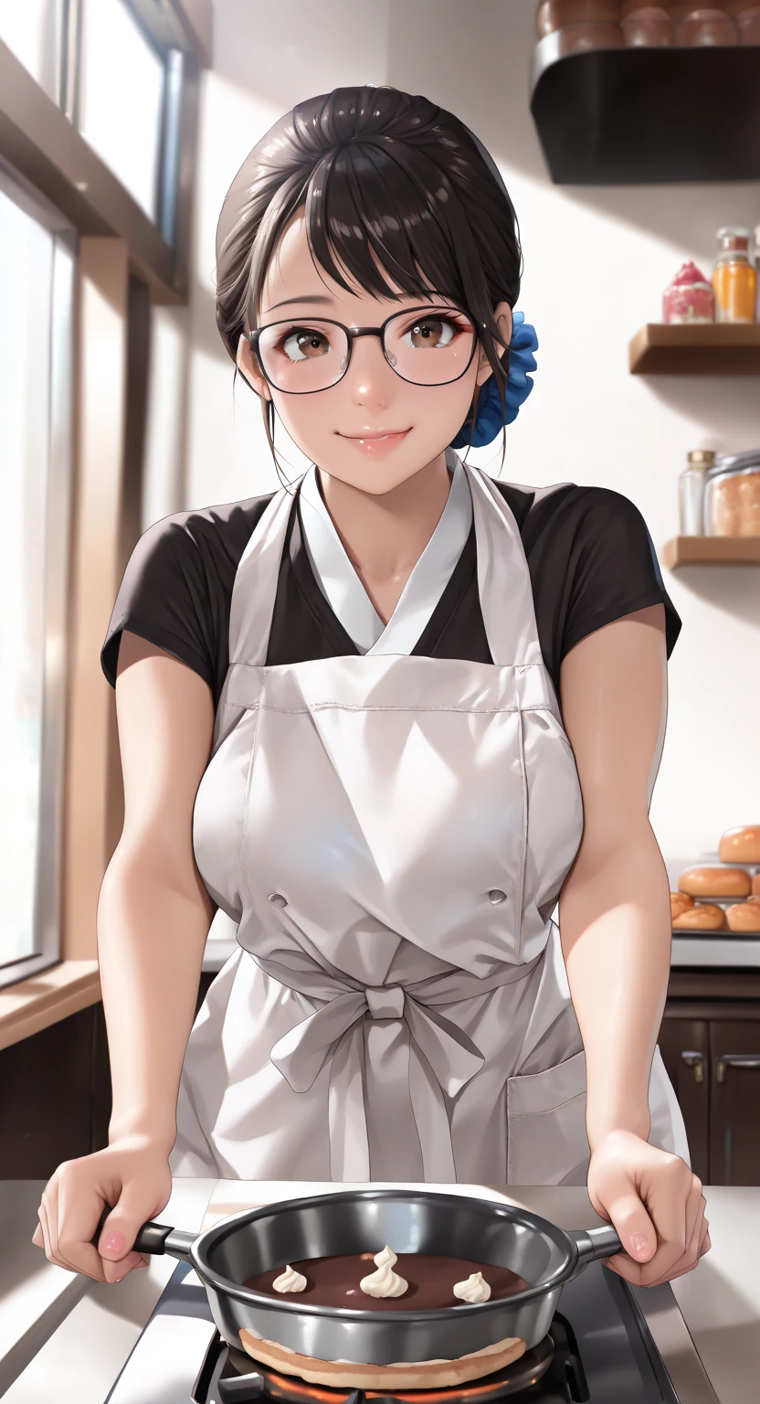 (Masterpiece, best quality, vibrant, high contrast, hyperrealistic, top quality, high sharpness, realistic, ultra realism, sharp, detailed clothes, highly detailed character, High Resolution, 16k, very detailed, Volumetric lighting, depth of field, cinematic, vibrant, dynamic lighting, dramatic light. Atmospheric effects. :1.3), 1girl, solo, 18 years old, ((Korean, Asian)), Pastry chef, adorable, long black hair pulled back into a low bun and tied with a sky-blue scrunchie, swept bangs, strands framing her face, a little messy but intentional style., brown eyes, bright smile, shortstack, (Young adult, cute, youthful), Background: Pastry shop, family owned, pots and pans, baking ingredients, window view of Seoul street, baking utensils, wearing a short-sleeved white v-neck shirt, black modern Baji pants, cute frilly sky-blue pastry chef apron, Large black rimmed glasses, lip gloss, black eyeliner, black flat shoes), Large-small perky breasts, Shortstack: "a woman who is 5'4" or below with a large chest, with an optionally large rear and other curves". Theme: A Young eighteen-year-old Korean girl starts her own pastry shop. Action: Baking bread. kyomesug_yuu.