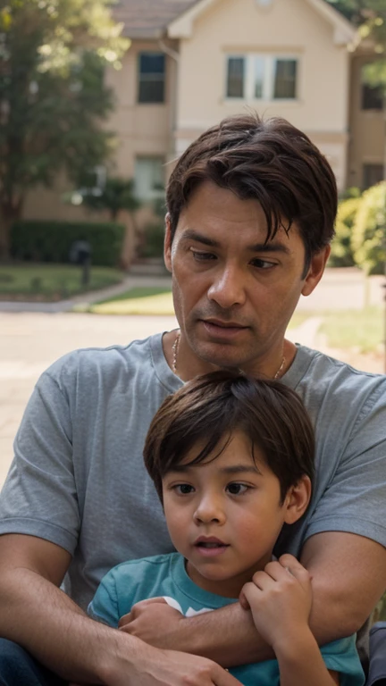 Illustrate the poignant moment of a father walking with his teenage son, Their bond exudes love and determination，Although they are currently struggling with softness, diffuselighting，Cast a soft glow on the subject, Symbolizing their enduring hope and resilience, the duo is framed in a medium shot, Capture man walking side by side with his son. The camera angle is slightly tilted from below，To emphasize their determination and connection, capture the gloomy scene of a father and son walking through a challenge, Their expressions reflect the weight of their hardships.