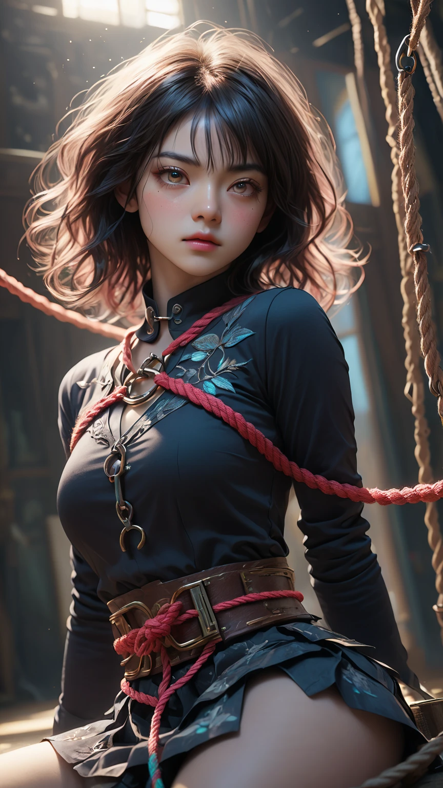 (shibari, arms behind the back:1.4), (hands on the back), (The highest image quality, striking details, ultra-high resolution, (realism: 1.4), (masterpiece, best quality)), (masterpiece, best quality) 1.5, 1girl, solo, (sexy, beautiful woman, perfect face, perfect eyes) , tifa lockhart, black leather skirt, white tank top, belly showing, (leather skirt), (full body), (reddish brown eyes,  black hair, long hair), (shibari, arms behind the back:1.4), (hands on the back) --auto