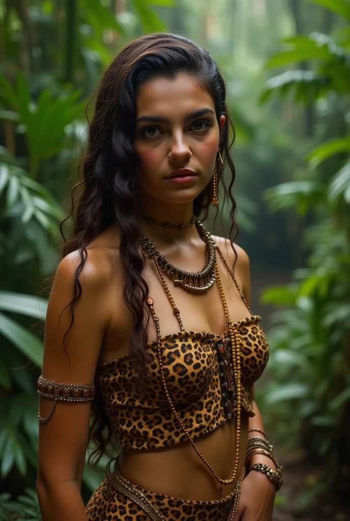 Extremely realistic, a beautiful topless amazon woman in a jungle of an island, looking directly at the camera, seductive smile, (depth in eyes), eye focus, curvy figure, super realistic skin tone, perfect tier drop breast, super hot woman, lustful, beautiful details, high realism portrait style, --ar 2:3
