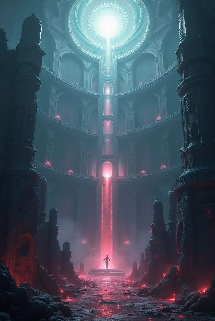 I want to create a kingdom that is the mix between heaven and hell with 3 circles that rise more like heaven and 3 circles that go down more like hell 