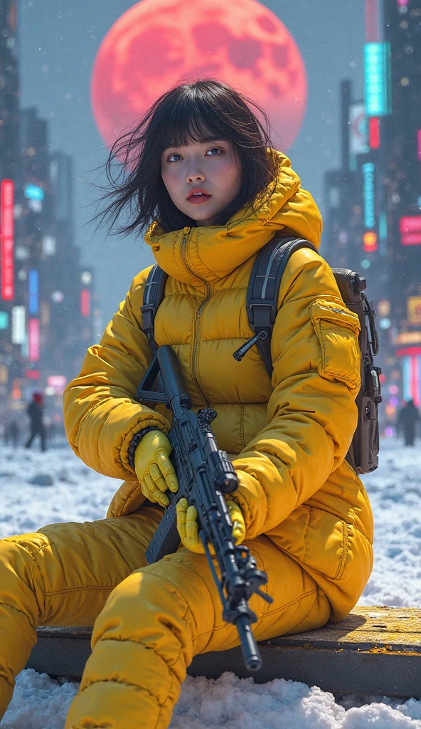 (masterpiece, best quality, beauty, best ratio, best shadows,best Illustration, wallpaper size,1080×2400 pixels,detailed face,pastel colors, futuristic theme) 
uhd, korean beautiful female, full posture fully visible, shining blue eyes, windblown short hair, wear dominant yellow camo colour and yellow strip full  armory leather, yellow high heel ice skates, hand holding futuristic neon rifle emits gold energy, sitting on a bench in front of a futuristic city with many colorfull glass houses. outer space, big neon billboard, big red  moon seen on far away. use the RenderMan renderer.digital art.High definition, high contrast, high color saturation ,128k,cinematic lighting, intricate,cinematic advertising photograph,cinema lens,high res.