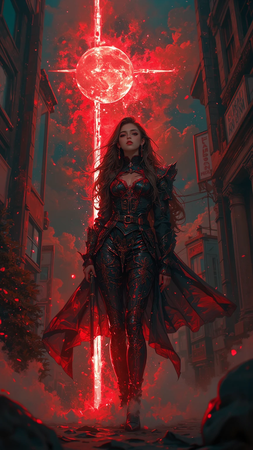  A Girl，Red Deathly Mage, Scarlet moon,  light tracking , masterpiece, Best Quality in Classroom,  Super Quality ,  ridiculous detail , best soft,  best shadow , sharp, sharp image, Detailed, extremely Detailed, High Resolution, 【8k, 4K, UHD,  particle effect, Beautiful special effects , bright color, neon soft, neon, soft,