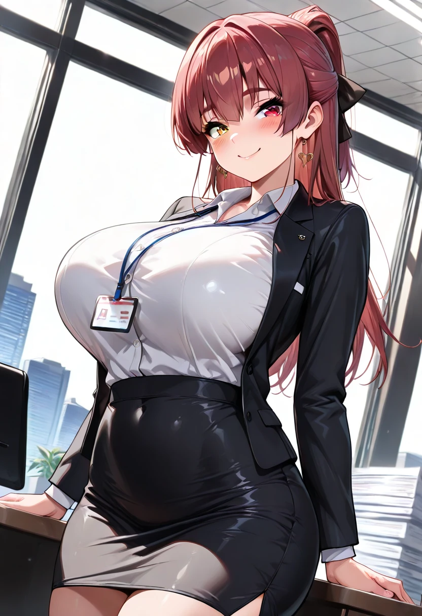 girl, big boobgs, 8k, short hair, red hair, red eyes, office lady, cleavage, stocking