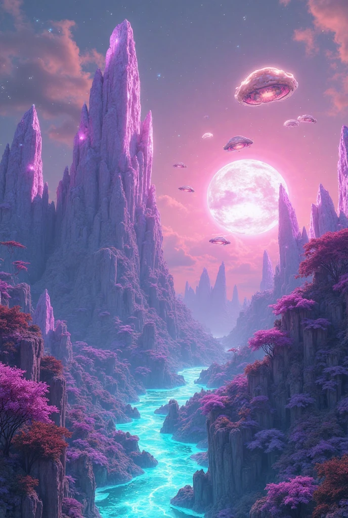 “A surreal alien fantasy landscape on an undiscovered planet, with massive floating crystal mountains glowing in neon hues of purple and turquoise, giant bioluminescent trees with translucent leaves that shimmer like glass, rivers of liquid light flowing across the terrain, and sky filled with three suns and hovering jellyfish-like creatures emitting soft, radiant colors — ultra-realistic, hyper-detailed, 8K resolution, cinematic lighting, dreamlike atmosphere, alien flora and fauna, concept art style, visually stunning, never-seen-before fantasy world”