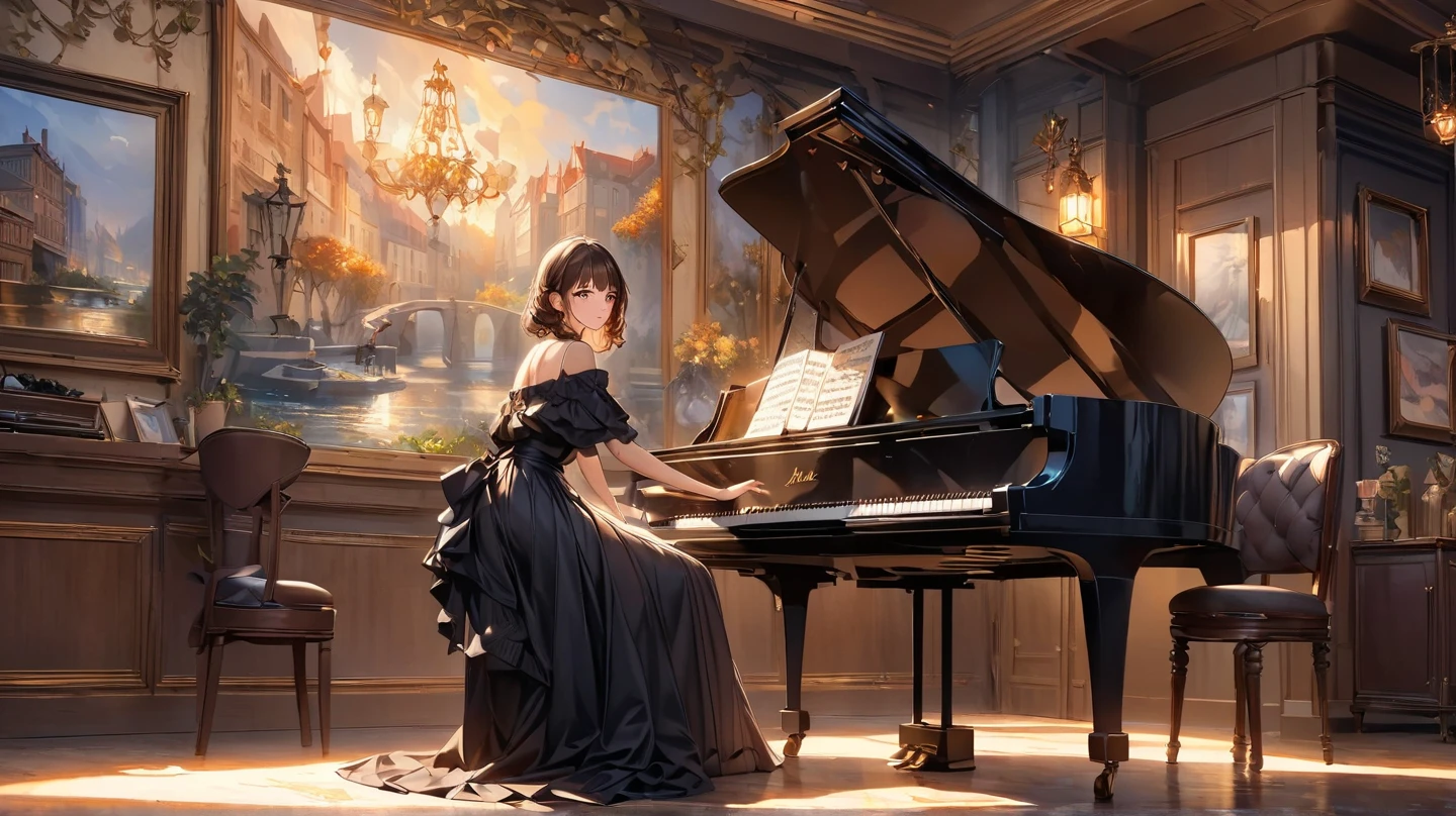 Comfortable的房間裝飾著一幅描繪巴黎街邊一個露天咖啡廳，Oil painting of a cute girl playing the piano with a triangle. The piano lid is open。No sheet music on the piano stand。This painting is the central decoration of the room, Catch everyone's eyes. Let us create a high-quality hint for stable diffusion，to produce a beautiful image that brings the scene to life:

"Comfortable,  Warm Room ，A large oil painting, Show a picturesque view of the streets of Paris at dusk. The light should be carefully designed，Soft strokes，gives one a feeling of tranquility and tranquility。. The focus of the image is the detailed depiction of the cafe,   Golden Sun , 創造一種包圍觀眾的Comfortable氛圍. This painting itself is A masterpiece, Exquisite penmanship, with fine details, with a soft. The light should be carefully designed, captures the dreaminess of the moment. wall paintings decorated with elegant picture frames , Warm Light, elegantly creates a charming atmosphere, Inviting the audience to immerse in what is being filmed The tranquility and beauty of the moment. The image should be of the best quality, with high resolution and ultra-detailed rendering，Capture the painting and its surroundings The Nature of the Environment. Art style should reflect traditional oil painting techniques, Focus on realistic and photo-level realism.  colors that should be warm and attractive , Expresses the elegance of rich tones，Infused with warm radiance. color，to highlight the painting and create a sense of depth and dimension throughout the scene. hints should convey a sense of awe and tranquility, invites the viewer to walk into this tranquil lakeside oasis."

Remember not to include any explanations，The light 