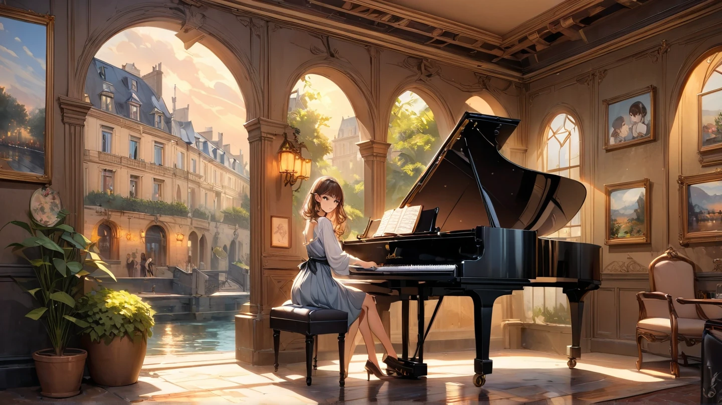 Comfortable的房間裝飾著一幅描繪巴黎街邊一個露天咖啡廳，Oil painting of a cute girl playing the piano with a triangle. The piano lid is open。No sheet music on the piano stand。This painting is the central decoration of the room, Catch everyone's eyes. Let us create a high-quality hint for stable diffusion，to produce a beautiful image that brings the scene to life:

"Comfortable,  Warm Room ，A large oil painting, Show a picturesque view of the streets of Paris at dusk. The light should be carefully designed，Soft strokes，gives one a feeling of tranquility and tranquility。. The focus of the image is the detailed depiction of the cafe,   Golden Sun , 創造一種包圍觀眾的Comfortable氛圍. This painting itself is A masterpiece, Exquisite penmanship, with fine details, with a soft. The light should be carefully designed, captures the dreaminess of the moment. wall paintings decorated with elegant picture frames , Warm Light, elegantly creates a charming atmosphere, Inviting the audience to immerse in what is being filmed The tranquility and beauty of the moment. The image should be of the best quality, with high resolution and ultra-detailed rendering，Capture the painting and its surroundings The Nature of the Environment. Art style should reflect traditional oil painting techniques, Focus on realistic and photo-level realism.  colors that should be warm and attractive , Expresses the elegance of rich tones，Infused with warm radiance. color，to highlight the painting and create a sense of depth and dimension throughout the scene. hints should convey a sense of awe and tranquility, invites the viewer to walk into this tranquil lakeside oasis."

Remember not to include any explanations，The light 
