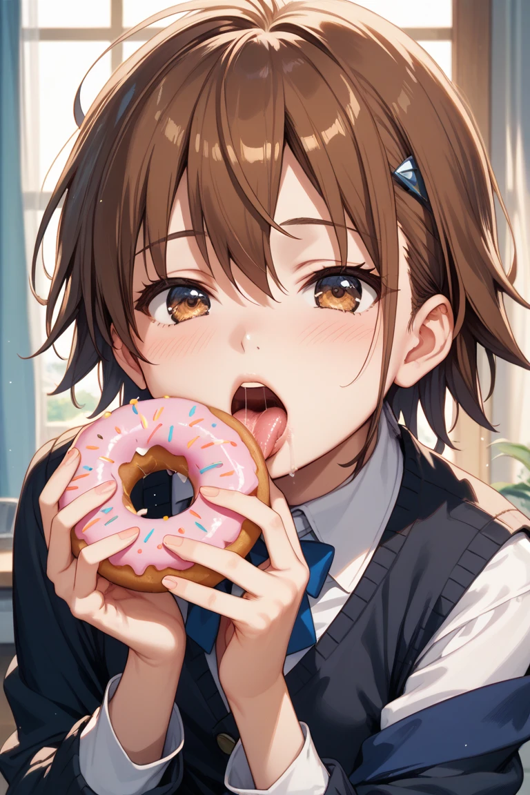 (masterpiece,best quality,beautiful and aesthetic:1.2),(high detailed skin:1.2),8k uhd,dslr,soft lighting,high quality,film grain,((1boy,male)),doughnut,food,solo,ponytail,fruit,sleeveless,holding,bow,holding food,purple background,jacket,8-year-old boy,little boy,kids,child,loli,