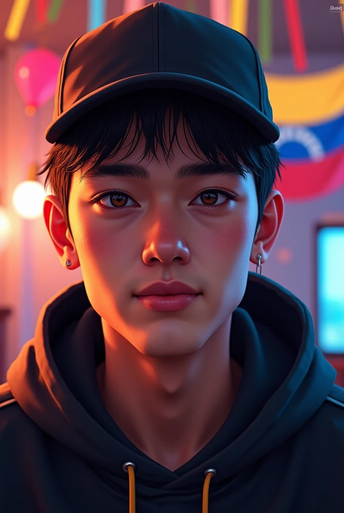 Image of a boy wearing a black cap, black hair, short hair, brown eyes, Venezuelan flag, Venezuelan, streamers, streamer profile, 28 year old .