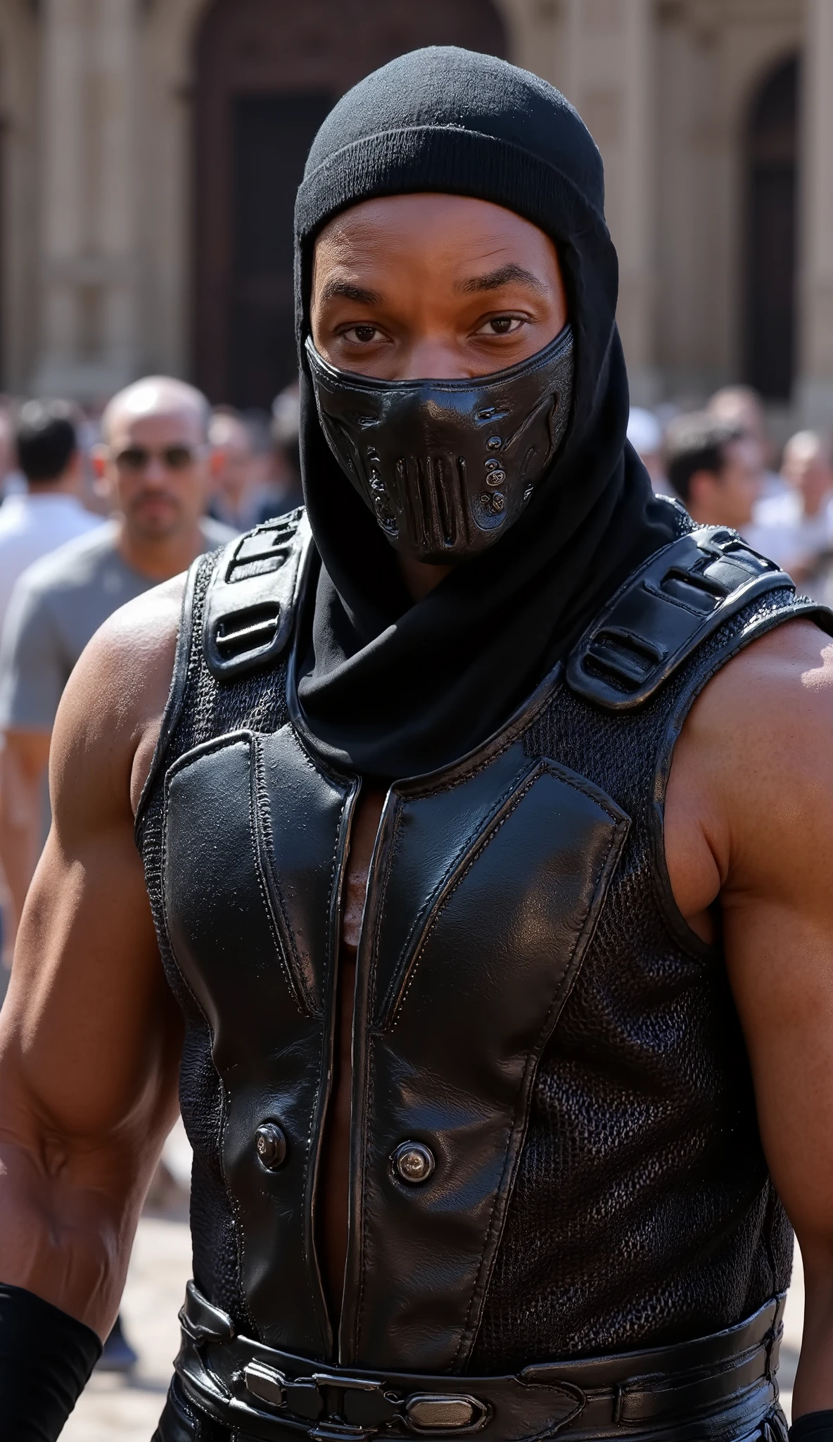Will Smith as Noob Saibot hyperrealistic and shiny image his black mask and metallic black clothes, Show only the eyes, a hyper realistic image close up upper body hyperdetailed textures the hyper realistic background of a city with textures in 8k
