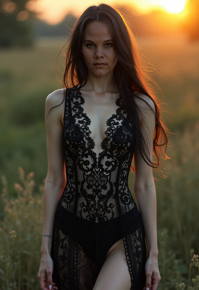 1 girl with perfect figure，Coffee Bob hair，Open chest，  Black sheer yarn，detailed realistic hands，Field background at dusk sunset，Running steed，pastures，Fantastic sky，Strong light，Front fill light，cinmatic lighting，realisticlying，best qualtiy，exquisite detailing，A high resolution，glowing details