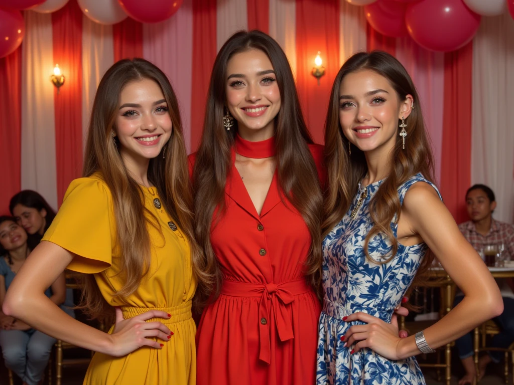 photograph of a young latin woman, con parecido a Dakota Fanning, brown-hair, con un grupo de chicas en una fiesta hawaiana, de noche, neon colors, foto alegre