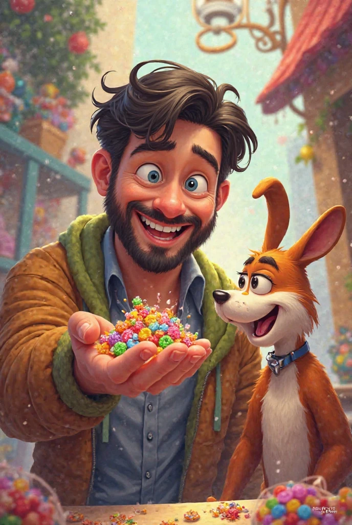 A picture of a man holding candy for ren