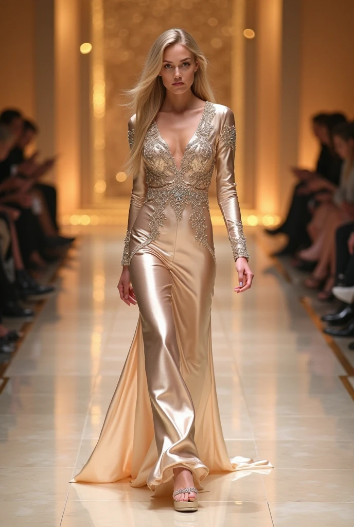 Shakira, beautiful, happy smile, dressed in high fashion attire, highlighting elegance and allure, complementing a form-hugging, sequin-embroidered dress that cascades with subtle sheer panels,