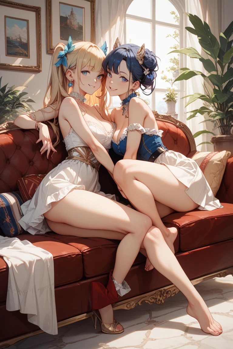 ((1 girls), solo, clevage, blonde, Big round breasts, trendy, stylish, clevage, thighs, hips, green eyes, 5 toes, feet, soles, toes, bedroom, small feet