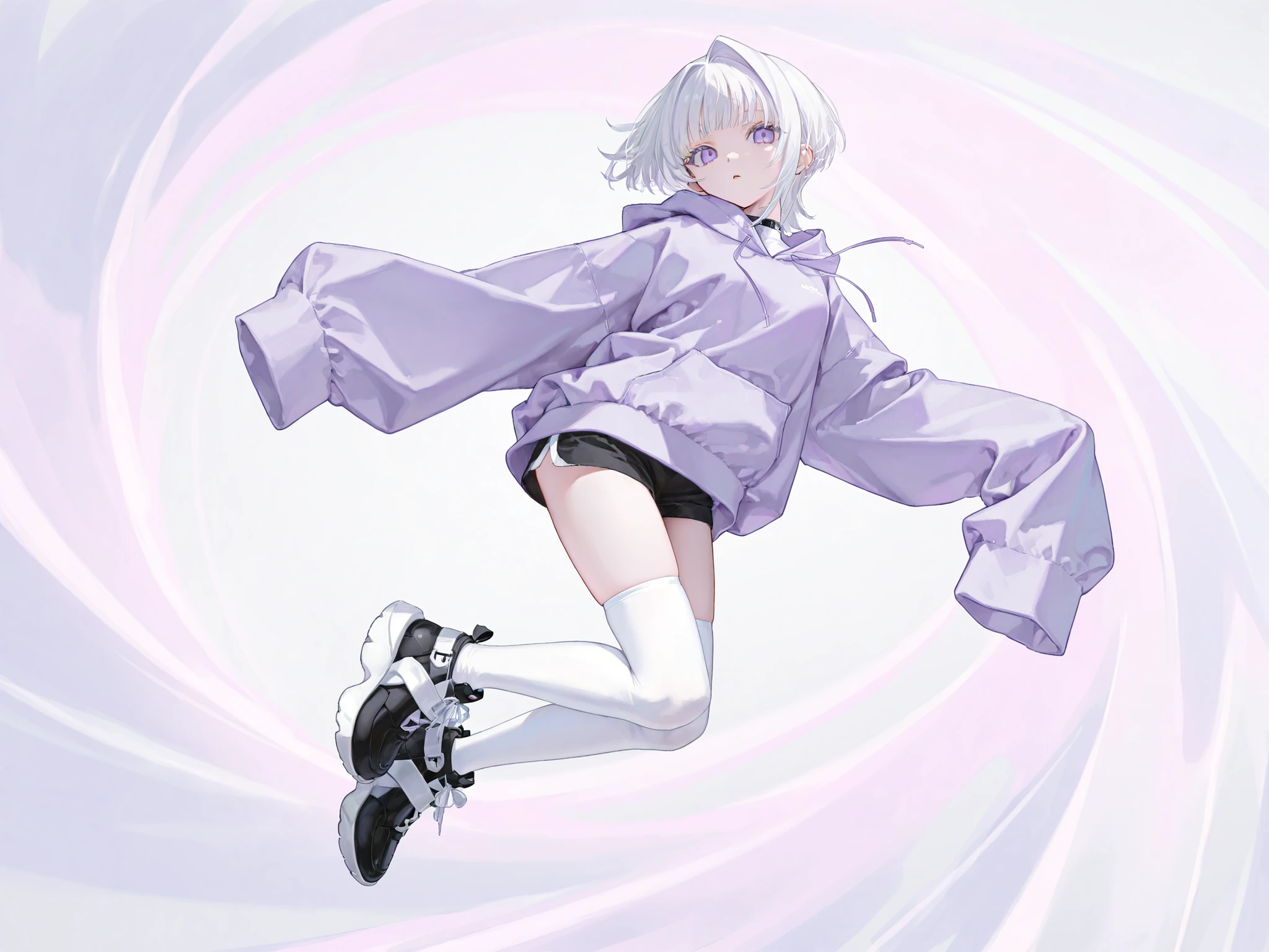 solo, cute, full body, 1 girl, bangs, left-single hair intake, white hair, short hair, lilac eyes, very long sleeves, sleeves past fingers, lilac hoodie, black shorts, white kneesocks, looking at viewer, various compositions