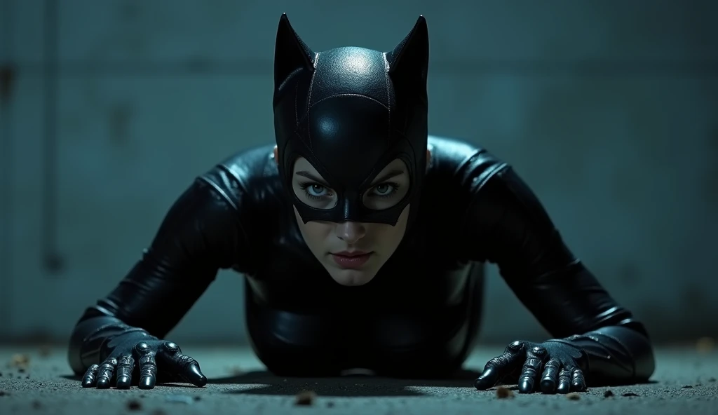(8k, best quality, photorealistic, realisti, masterpiece), A hand strangles Catwoman's neck from the front, while tied to the floor, sitting in a basement.