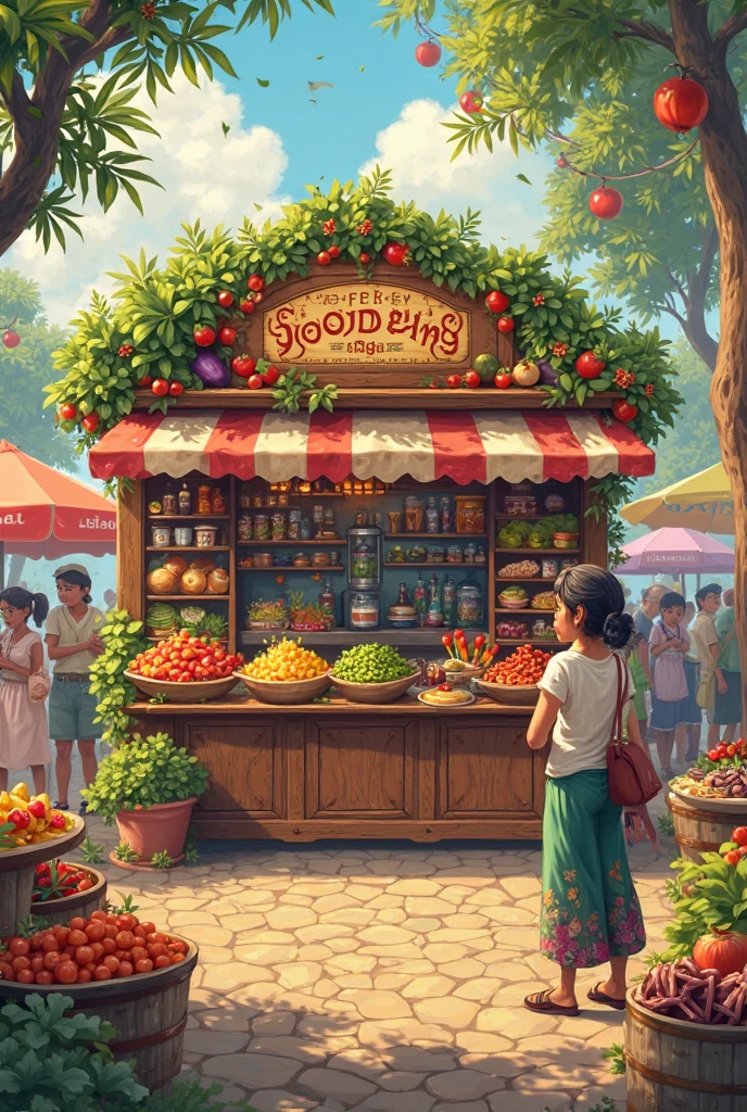 A poster for a food fair with food from different countries,healthy food with lots of colors and with an old-fashioned stand
