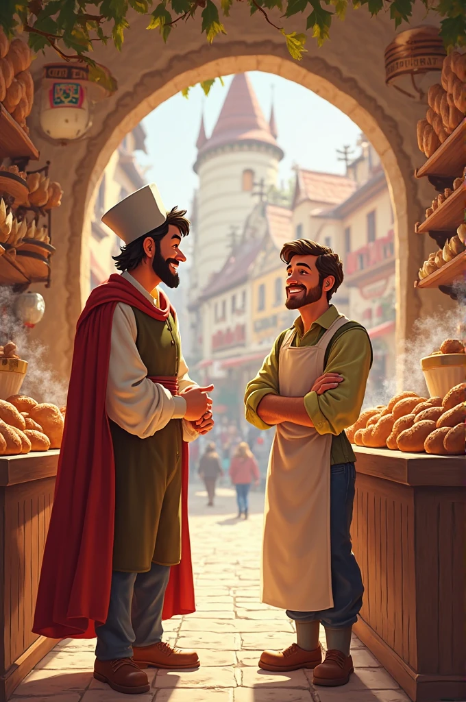 simple conversation between a baker and a disguised king.Disney animated