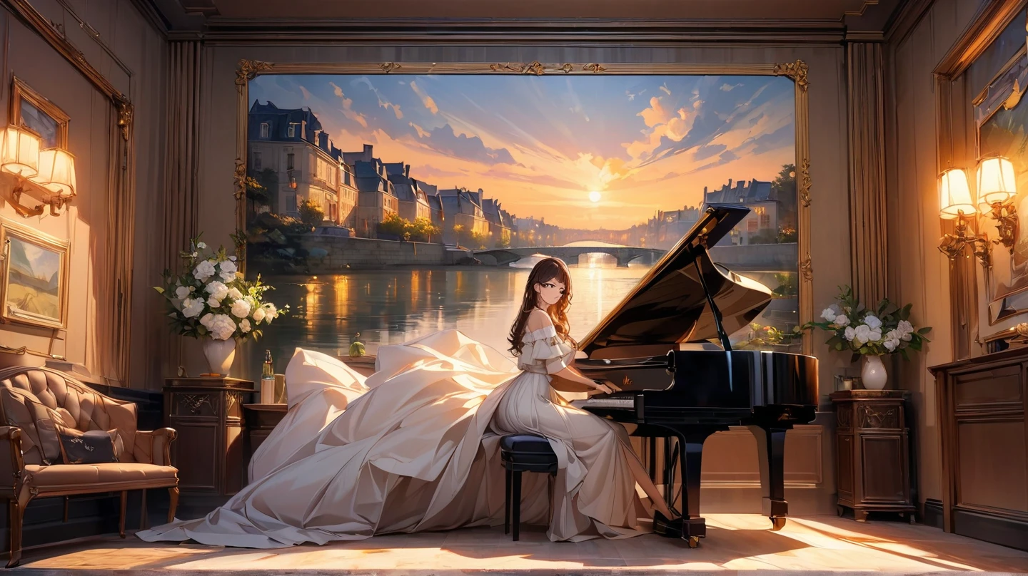 "A woman sitting in a European-style room where beautiful classical music is playing. Through the large window, a garden in full bloom is visible, with gentle afternoon sunlight streaming in. The woman, dressed in an elegant gown, is seated at an antique piano, playing softly. A beautiful vase sits atop the piano, and the room exudes a sense of tranquility and grace."