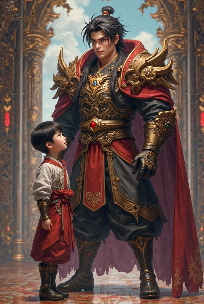 Create an image of a boy with brown eyes, black hair and white skin next to Diluc, The character from Genshin Impact 
