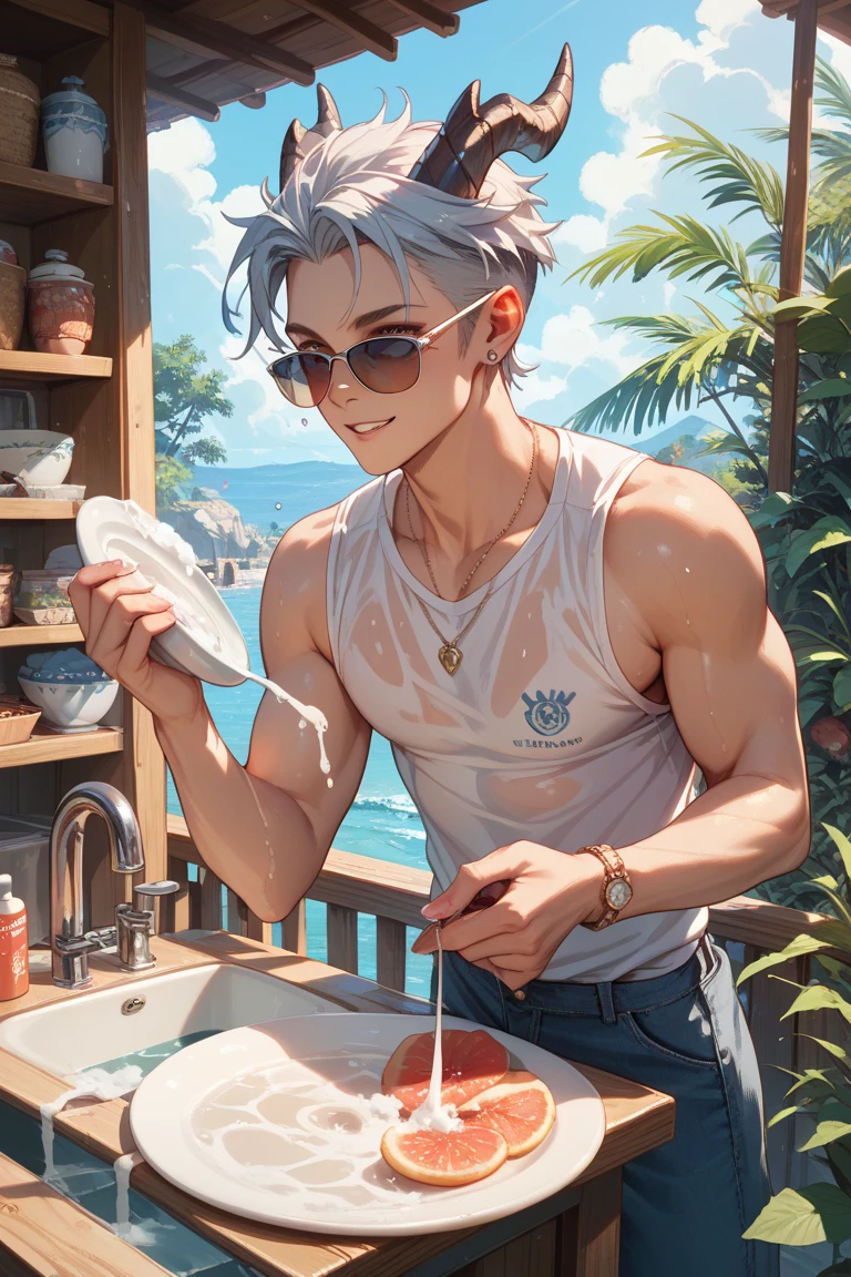 1boy, adult, handsome, perfect face, detailed eyes and face, clean shaved, muscular, capturing a rural atmosphere, dynamic lighting, unreal engine 5, hd picture, satoru gojo, white hair, short hair ,hair between eyes ,blue eyes, white skin, pink nipple, The right hand holds the ramen bowl, Left hand holds the rabbit, bunny ears
