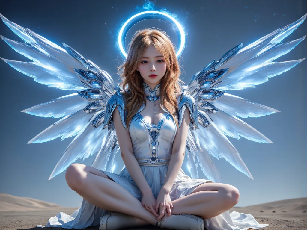Please create an image of a mysterious and enigmatic angel. This angel should be bathed in an ethereal, radiant light that exudes an aura of celestial mystery and wonder. The angel's pose, setting, and appearance can all contribute to the sense of mystique. Push the boundaries of color, luminosity, and intricate detailing to craft an image that captivates the viewer's imagination and conveys the angel as a divine enigma. Your artistic skills are crucial in bringing this enigmatic angelic vision to life