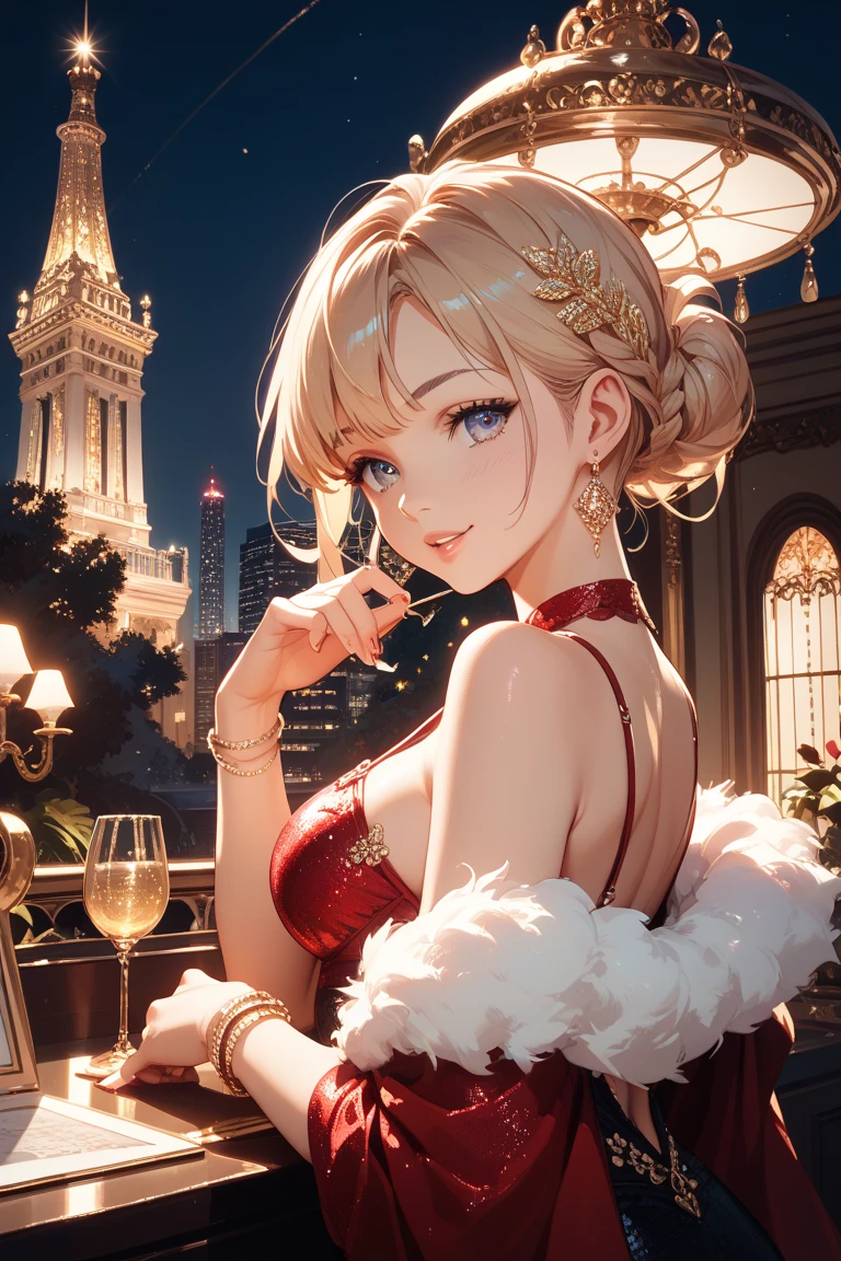  Set in a luxurious penthouse with city lights in the background, warm golden tones illuminating the scene.