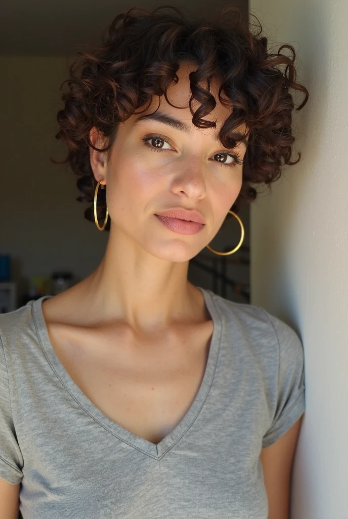 1 woman, beautiful, ((upper body, happy)), looking into the camera lens, Masterpiece, Best Quality, Ultra-detailed, Solo, (natta) cheerful, happy, analog style (looking up at viewer:1.2) (skin texture) (film grain:1.3), (warm hue, warm tone:1.2), close-up, The ultra-Highres, ..raw, upper half body, Relaxed and intimate photos, short curly black hairs,