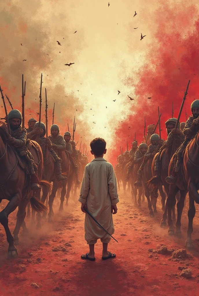 A powerful contrast image: On one side, historical illustration of Ababeel attacking Abraha’s army; on the other side, modern-day Gaza under attack with no help. In the center, a young Muslim boy standing between the two worlds, confused and determined. The image should blend past and present, with tones of sepia and red.
