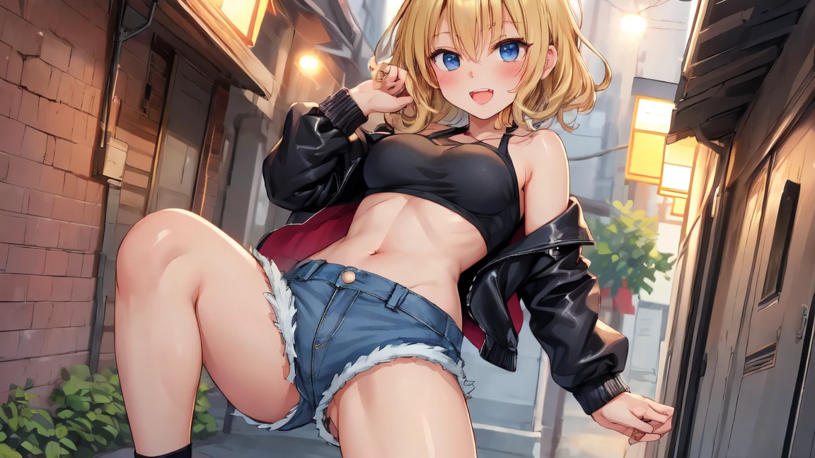 NSFW,modred、(Green Eyes:1.5)、Blonde Hair、ponytail、short hair、Scrunchie、赤いScrunchie、ヘアScrunchie、denim、denimShorts、Jacket、jewelry、abdomen、belly button、necklace、赤いJacket、Shorts、Shorts、Tube top、White top、,(Perfect hands),(Perfect Anatomy),(masterpiece),(highest quality),Downtown at night,Embarrassed,blush
,กลีบ อูฐ, เปียก, sexy lady,