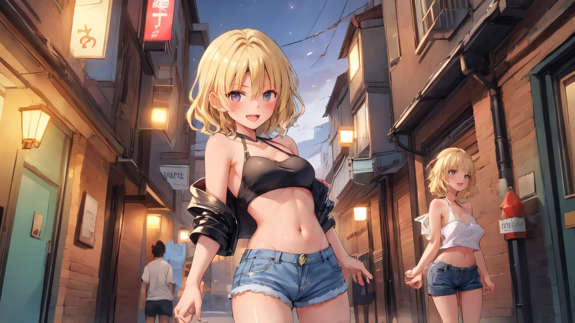 girl,Young,、ager、(masterpiece,Highest quality),Street、Completely naked,Bare shoulders、Gal、Blonde、passionate、Medium ponytail、(Underboob),Big Breasts,Cleavage,(stomach),Black mini tube top、looking at the camera、barefoot、Very short denim shorts,(Ultra Micro Shorts),Strong winds、No underwear、solo、Are standing、barefoot、City、Embarrassing、Peeing