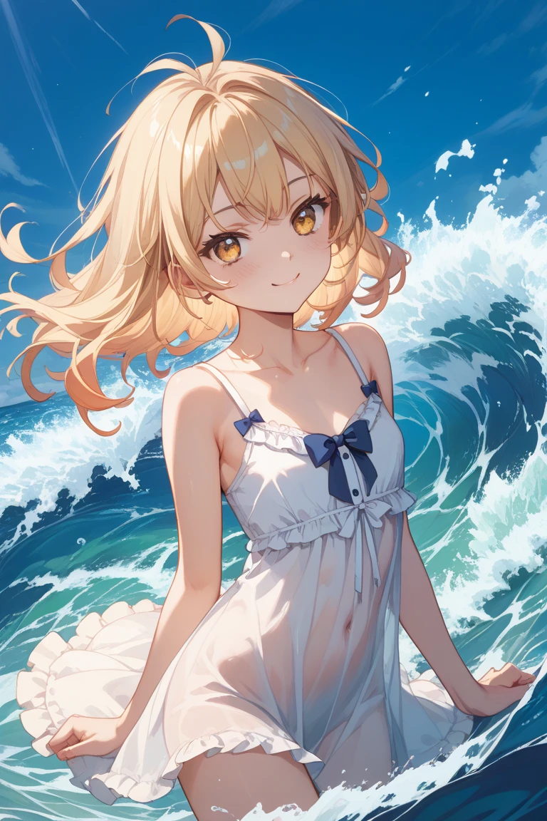 A cute girl in a swimsuit(original bikini swimsuit)(Small body) (Little Girl:1.5), (blonde:1.5)(eyelash:1.2)(eye shadow:1.3) (Blue eyes:1.5), (Beautiful fine details:1.4) (Short Bob Hair:1.4), (Blue eyes)(Big Breasts:1.3) (White skin:1.2)Height: 130cm, original character, Fantasy, View Viewer Art: (A girl with beautiful deep eyes. The depth of field in the photo is perfect、Lens flares create a nice atmosphere. The details of her face really stand out, This photo definitely gets a 10 or more.. background, There is a beautiful sea with crystal clear water and water droplets floating on the surface. Laughing happily