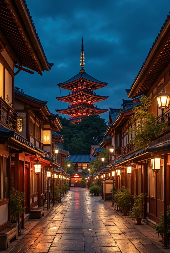 arafed view of a street with a pagoda in the background, japanese city at night, japanese city, japanese town, japan deeper travel exploration, japanese street, kyoto japan setting, japan at night, kyoto inspired, ancient japanese architecture, kyoto, edo japan, in a japanese town at night, japanese temples, japan sightseeing, japanese village, japan travel and tourism