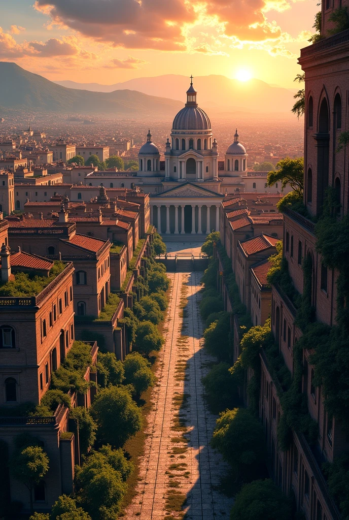 ((Masterpiece, Highest Quality, Highest Image Quality, High Resolution, Photorealistic, Raw Photo, Extremely Detaled CG Unified 8k Wallpaper), 
Aerial view: shows the city from a high angle, highlighting the urban arrangement.
Architecture: 
Basilica of San Vitale: in the construction phase, with nascent scaffolding and mosaics.
Walls and palaces: walls with signs of wear, imperial buildings with damaged columns and faded friezes.
Urban details:
Roads and squares: paved, with weeds between the stones, squares with ruins of fountains and statues.
Alleys: narrow, tortuous, with buildings with ruined roofs.
Natural elements: 
Vegetation: trees and climbing plants that invade the city.
Sunset: sky with orange and blue shades, long shadows that cross the city.
Style: uses manga lines for definition, realistic shading for depth, but without human figures to emphasize abandonment.
