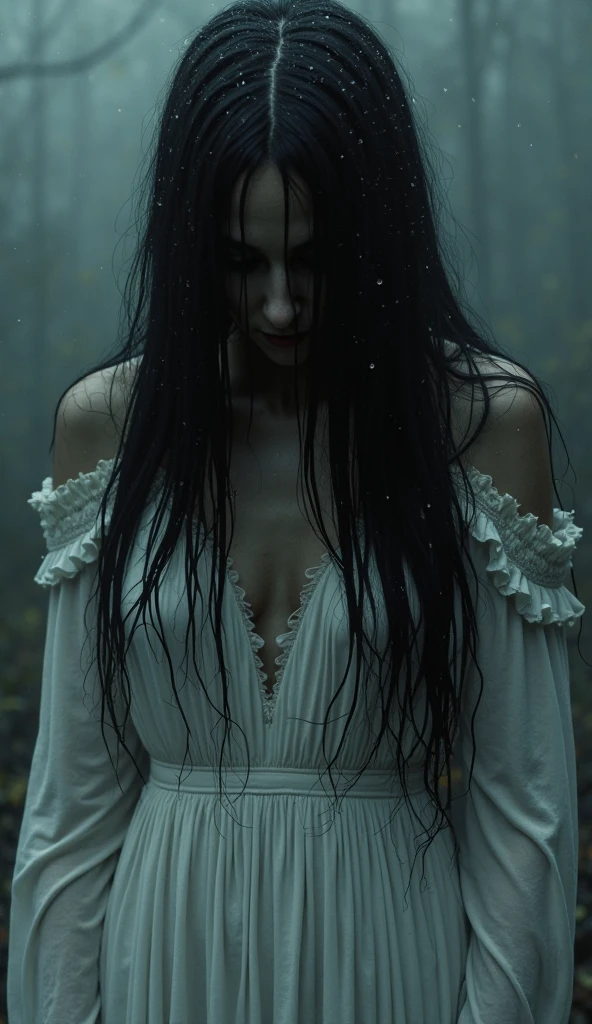 Female ghost seen through frosted glass, scary, indoor, Asian