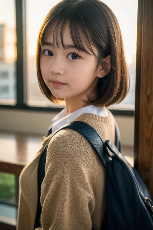 One person,Face in perfect proportions, Balanced Eyes, double eyelid,Japanese,young girl, Innocent face, smiling,,Beautiful nose, Lip gloss,shoot from front,look at a viewer,shorthair with bangs,wearing a uniform,in schoolgym,daytime