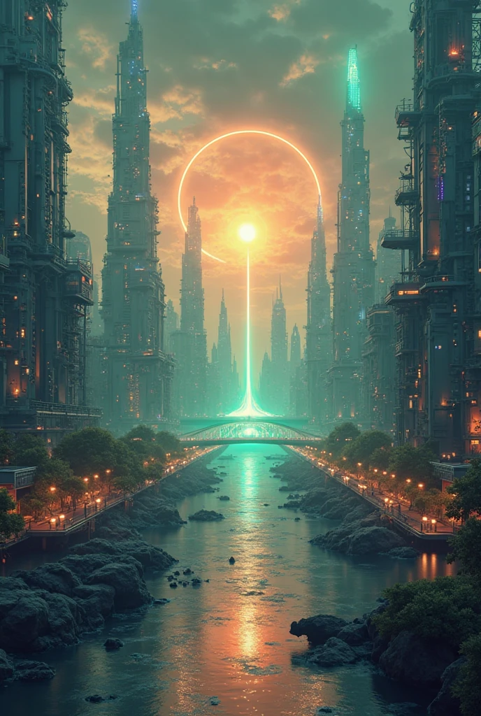 We are faced with a majestic and modern city, full of innovation and progress. The composition centers on a unique image, that combines elements of futuristic design and the cosmic aesthetics.

In the background, we see a city, space, planets and robots. These elements must be designed in muted colors, but not gloomy, but sunny and warm.

The composition focuses on a shining charging icon, made in the form of lightning. This symbol should look like the image, that arises when you connect your phone to a power source and start the charging process. Lightning emits a soft neon-green glow.