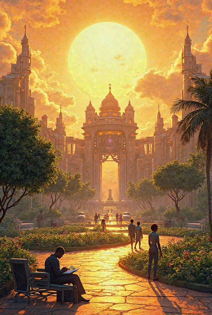 Panel 1:
Wide shot of Optimus Princeps Academy, shining under a golden sun. Futuristic buildings with Afro-futuristic motifs and cyberpunk accents stretch into the sky. Lush gardens blend with glowing tech.
Caption: Optimus Princeps Academy. A beacon of knowledge on the continent of Atheniacus.

Panel 2:
Zoom in to a square-shaped park within the academy. Tranquile sits on a bench under a tree, scribbling in a notebook, surrounded by students walking past.
Caption: Tranquile. Thoughtful. Late.

Panel 3:
Felistus approaches confidently. She’s sharp-eyed, dressed in a sleek uniform with subtle cultural embroidery.
Felistus: “Tranquile, are you coming for history?”
Tranquile: “You know I can’t miss history.”