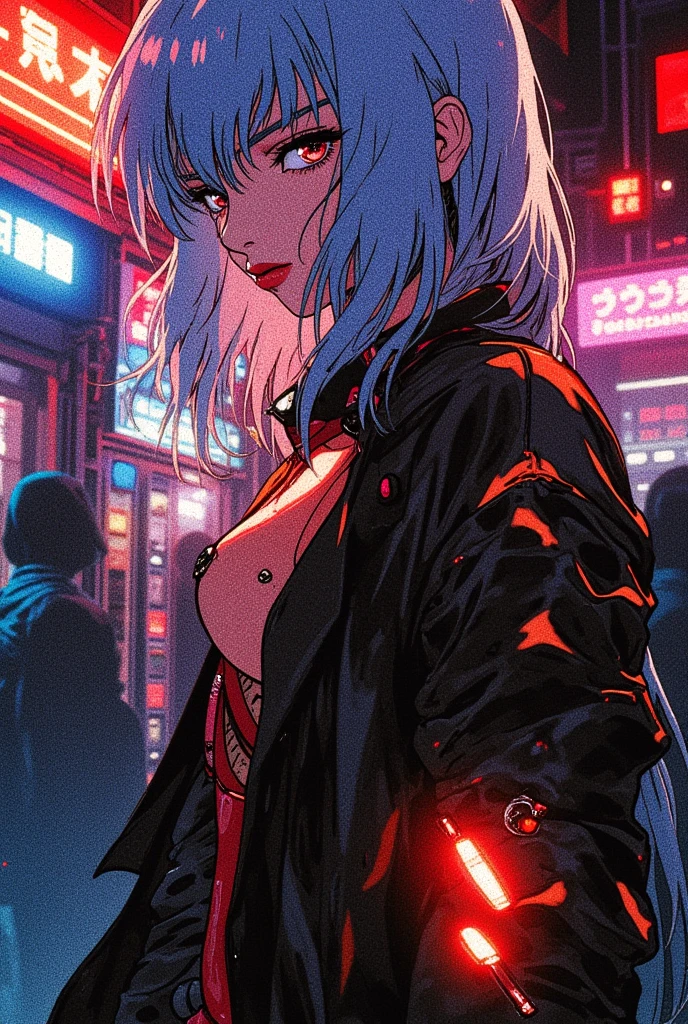 Hand-drawn manga style, sexy devil beauty, cyberpunk street corner